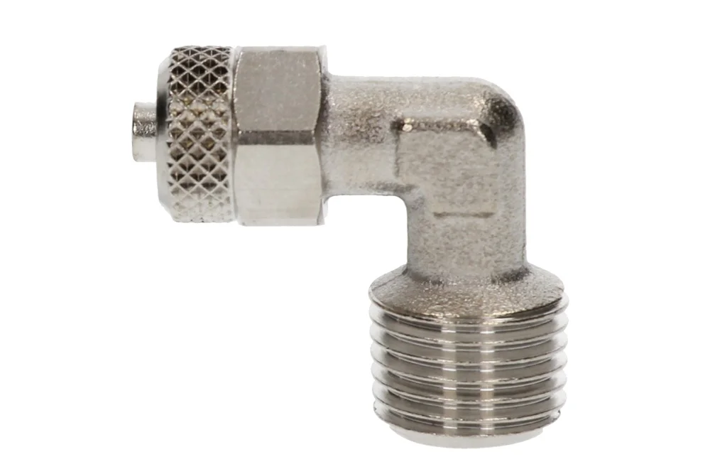 Raccordo avvitato per tubi flessibili pneumatici angolo 90° con filetto esterno BSPT, tipo C5.