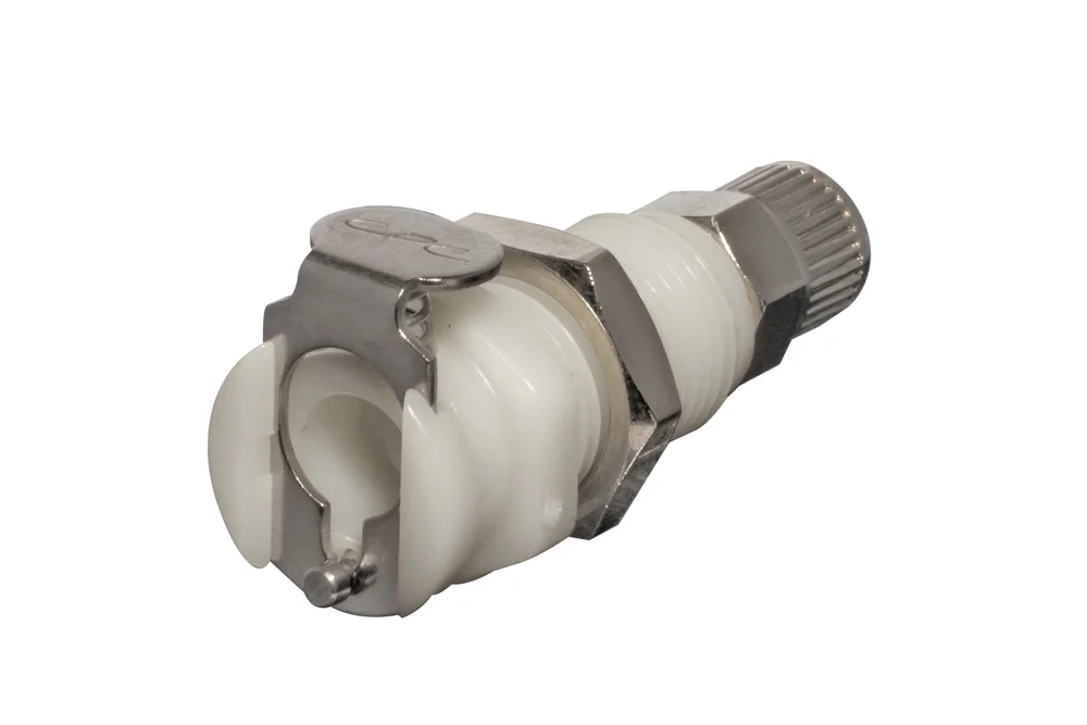 Presa passaparete per raccordo rapido tubo con dado e valvola, acetalica, serie PMC DN 3.2