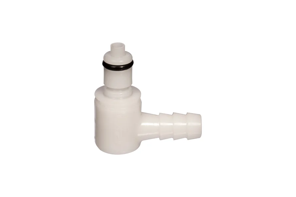 Spina 90° per innesto rapido su tubo, con valvola, acetale, serie PMC DN 3,2
