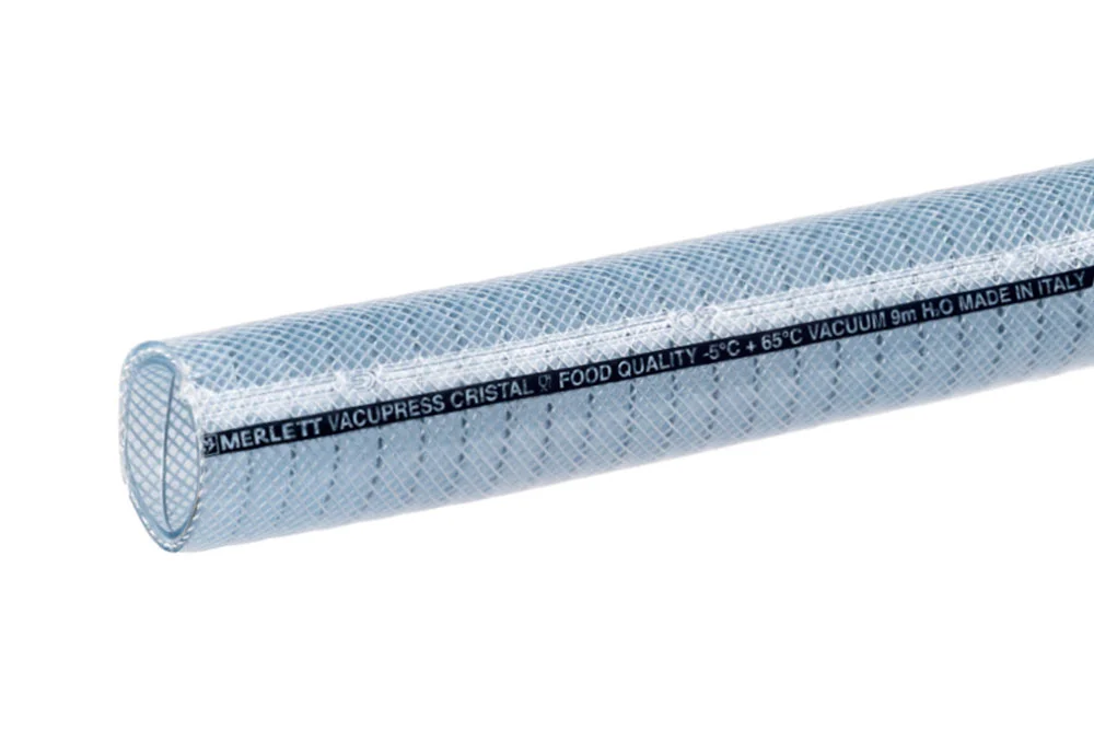 Tubo in PVC per prodotti alimentari rinforzato con spirale in filo d'acciaio e treccia in poliestere VACUPRESS CRISTAL