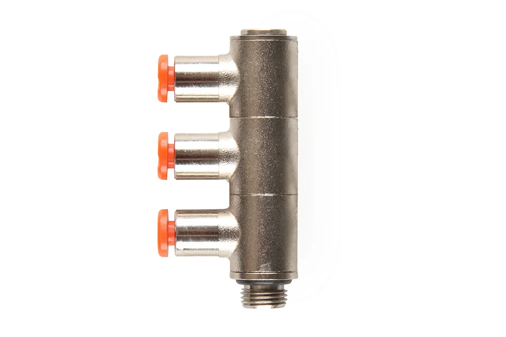 Connettore triplo a spina angolare regolabile con filetto maschio, tipo R52
